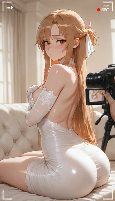 (couple), (1boy photographer, 1 girl Asuna:1.2), Sword Art Online, (young:1.5), intensively undressing herself, taking off her silk dress, white silk hand gloves, (showing her only one nipple:.8), looking at camera, (small breast:1.2), shy, shame, sweating.She sitting on a white sofa in front of video camera, video camera is pointed at her.Boy recording her, boy shooting up her on his camera, posing to photographer, boy photographer in frame.Porno studio, porno session, porno casting, white sofa, camera, backstage shooting.Perfect face, perfect body, perfect eyes, perfect pupils, perfect fingers, perfect skin, perfect tight ass.Ultra high detailed face, ultra high detailed body, ultra high detailed eyes, ultra high detailed pupils, ultra high detailed fingers, ultra high detailed skin, ultra high detailed ass.Ultra high detailed photo, anime style, perfect art, professional photo-session.Perfect colors, perfect brightness, perfect contrast, perfect quality, natural colors.