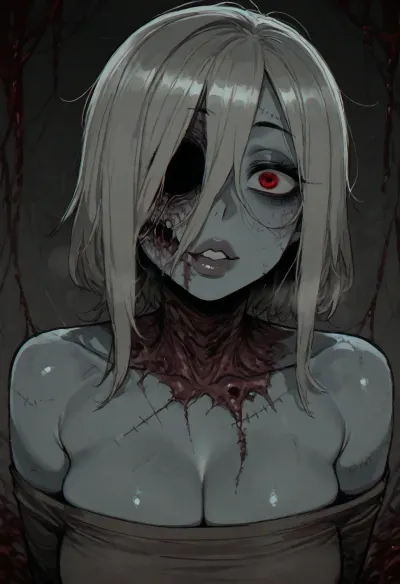 (ratatatat74), (zombie girl, thick lips, cute, stitches, rotting flesh, missing eye), solo, <lora:ratatatat74-000050:2>