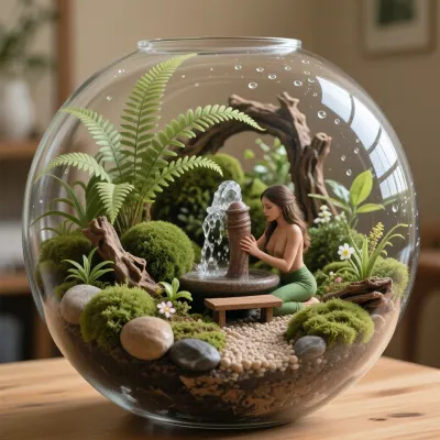 A miniature crystal ball garden enclosed behind clear glass, viewed from side close-up at eye level, its lush, carefully layered landscape appearing like a tiny world suspended in a vessel. with a splashing penis-shaped fountain, In front of the penis-shaped fountain stands a bench, topless adult woman with green clothing are engaging in amorous activity with the penis-shaped fountain. Delicate ferns, cushiony emerald moss, tiny-leaved groundcover, and a many petite flowering plants grow among smooth river stones and weathered pieces of bark. A narrow winding path of pale gravel leads toward a miniature driftwood arch, while beads of condensation cling to the curved glass and catch the light. Arrange the plants at varied heights, with fine fronds reaching upward and soft moss filling the foreground, creating depth and natural abundance without clutter. Place the terrarium on a simple wooden tabletop against a softly blurred, warm neutral background, with subtle hints of a quiet indoor room. Gentle morning light enters from one side, illuminating translucent leaves and casting delicate shadows, rich greens contrast with earthy browns, muted stone gray, and small touches of fresh spring color. Emphasize the tactile textures of damp soil, velvety moss, glossy foliage, rough bark, and reflective glass. Intimate, peaceful, and quietly magical, the image blends botanical still-life photography with a refined miniature-world aesthetic, crisp central detail, shallow depth of field, natural color grading, and soft cinematic light.