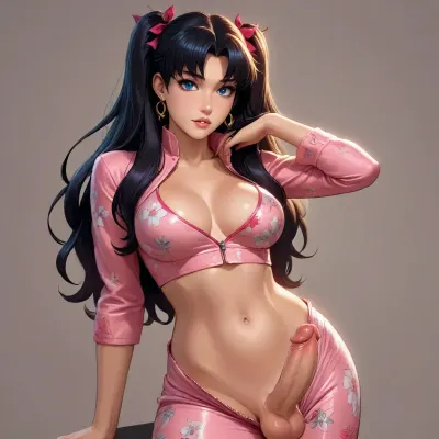 rin tohsaka from fate zero dross style reiq, ((bimbo)), (((floral gown))), unzip suit with hand, thick thighs, bare large natural breasts, beautiful, gorgeous, stunning, unbuttoned, unzipped, open crop top, (((long dark hair, bob))), (((exposed navel, exposed bellybutton))), stomach exposed, biting lip, waist, bimbo lips, wide hips, white background, exposed pussy and visible, exposed thighs upper part, beautiful face, lifting the gown till it expose upper thighs and huge cock., erect-futa, erect-penis, woman, testicles, erection, <lora:SDXLlora13ErFut:.8>, penis, <lora:xpenis-1.5e:.8>