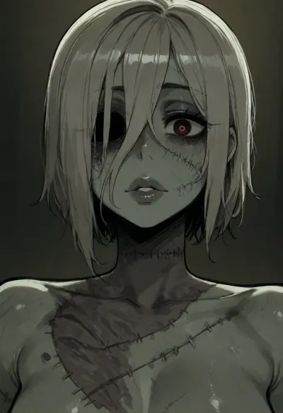 (ratatatat74), (zombie girl, thick lips, cute, stitches, rotting, missing eye), solo, <lora:ratatatat74-000050:2>