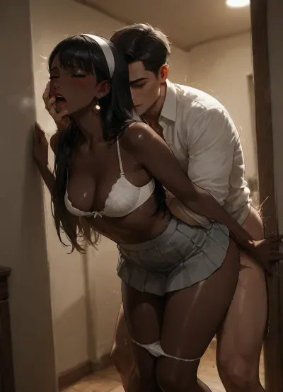 Photorealistic, innocent, sexy, beautiful, (she is enjoying being fucked from behind by a white man), (passionate embrace:.9), . in an art studio. fucked against the wall., (his face is hidden), creampie. Impregnated., (he is fondling her boobs), (she has a face like Audrey Hepburn), (she is Telugu), (she has very dark black skin), (she is wearing unbuttoned white blouse, white bra, Grey pleated skirt), panties pulled down to her knees., he is wearing a white shirt and brown slacks., (she has long black hair), (she has small breasts), moaning, orgasm, pubic hair, darkness, trembling, <lora:dark:.8>