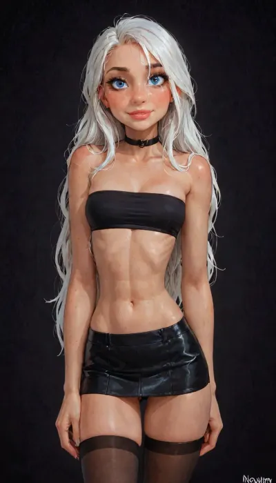 (reiq meets innv and Jack cayless art style), (Incase style:1.2), (tube top), beautiful girl, (very long hair), (joyful face:1.3), friendly slight smile showing her teeth, (face closeup:1.4), (((solo))), (black choker), (narrow waist), (sexy abs:1.2), (ruined makeup:.6), (bangs over eye), symmetrical blue eyes, snub nose, plumb lips, parted lips, teeth visible, half-closed eyes, (small breasts:.6), (erected nipples:1), 1girl, ((face focus)), (beautiful curves of the body), (hourglass body:1.5), realistic detailed, deep insertion, intim light, (black stockings:1.3), (black micro skirt:1.4), (plunging neckline:.7), (simple dark background:1.8), skin texture, futuristic-fantasy-anime, incase, style, (ciri), (cirilla), <lora:sd_xl_turbo_lora_v1-64dim:2>, <lora:futureistic_fantasy_anime_sdxl_v1:2>, <lora:Incase_Style__SDXL:2>, <lora:SDXL_BetterFaces-LoRA_v1:.8>, <lora:Witcher3TurnXL_v1:.8>