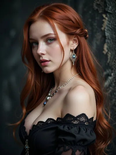 photograph, digital art, fantasy style, beautiful red-haired woman, long straight hair, perfect pale skin, deep green eyes, delicate features, wearing black off-shoulder dress with lace trim, beaded necklace, ornate earring, big breast, looking over shoulder, soft light, dark textured background, ethereal, fantasy character, intricate hair details, realistic texture, fantasy portrait, romantic, mystical, detailed, elegant, soft focus, dreamy atmosphere.