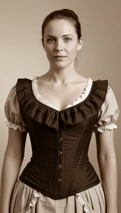 vintage sepia, époque victorienne, full body view, femme 50 ans en corset, beaux yeux en amande, chevelure en chignon strict