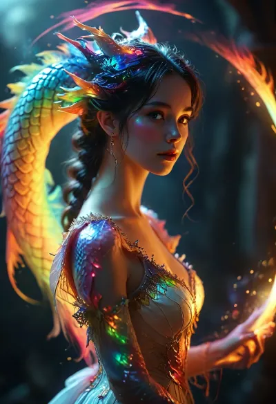 [KTA], (Dark Fantasy Artwork), luminous shadow, a circular glowing rainbow dragon featuring the image of a belle female faceless goddess, /KlTTY-ART/, <lora:COMFYUI_mimic_landscape_-_XL_SDXL v2.0:.5>, <lora:MJ52:.5>