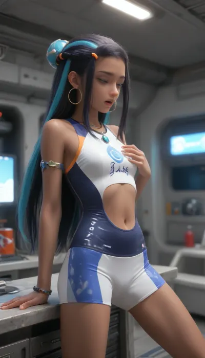 Nessa, solo, wear, shorts zentai, suit, legsuit, biketard, one piece swimsuit, shorts, matt colored, original nessa colors and pattern, spread legs, orgasm face, stand, leaning back, spaceship, bedroom, modern, 3/4 view, slightly side view, background, neopren suit, standing, hand on breast, open mouth, orgasm, nessa, (pokemon), rurina, nessa_\, (pokemon\), dark-skinned_female, hoop_earrings, swimsuit, and, hotpants, navel, single_hair_bun, armlet, necklace, sukumizu, school, one-piece swimsuit and, namilia-full-bodysuit, anchespaceroom, sleeve, sleeveless, short, FBSS-swimsuit, bike, bodysuit, skinsuit, one-piece, <lora:nessa-xl-000023:1.5>, <lora:Anchespaceroom-V1:.5>, <lora:Full_body_smoothskin_swimsuit:.7>, <lora:bike shorts_XL_V1.0:1.2>, <lora:NAMILIA-full-bodysuit-SDXL-V0.1:.8>