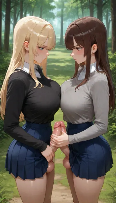 2 Futanari, they both are 20 years old, adults, (They both have white skin colour), 1 Futanari have brown hair, the other Futanari have blonde hair, They both have thin waist, they both have small bodies, small height, they both have small boobs, They both are wearing dark blue student sweaters with a white collar, (very detailed dark blue student sweaters with a white collar), They both are wearing dark blue skirts, (Their penises are visible under their dark blue skirts), ((Their penises are out of their dark blue skirts)), Clearing, (very detailed green grass), ((trees in the background)), They are standing near each other, they are looking at eachother, (rivalry), they are jerking off eachother penises with their hands, (handjob), (Masturbating eachother penises), Serious faces, side view, (view from side), view from above, masterpiece, very detailed image, 4k image