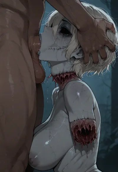 (ratatatat74), (zombie girl, thick lips, cute, stitches, rotting flesh, missing eye, amputee), deepthroat, throat bulge, side view, <lora:ratatatat74-000050:2>