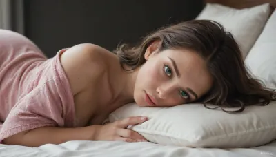 Dark background, luxury bedroom, white sheets, Beautiful 24yo fit woman, majestic deep green eyes, piercing eyes, romantic stare, long wavy dark hair, head resting on pillow, very detailed, highres cute girl lying on the bed, pink silk pyjamas, cinematic dark lightning, luxury hotel room, Ohwx, woman, <lora:Tyla_pouty lips-000003:.8>