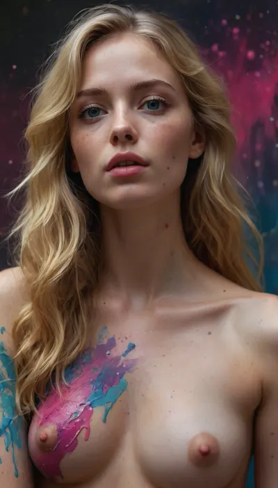 Hyper-detailed digital painting of a beautiful young woman with long wavy golden-blonde hair cascading over her shoulders, soft freckles and tiny paint splatters across her face, neck and collarbones, realistic skin texture with subtle sheen, piercing blue eyes looking directly at the viewer, soft pink full lips, delicate facial features, nude body completely covered in glossy wet-looking abstract body paint in vibrant swirling colors, deep cobalt blue on shoulders and upper arms, bright cadmium yellow across the chest and one breast, hot magenta and crimson red flowing over the other breast and torso, electric pink and turquoise streaks on the hips and thighs, pure yellow and royal blue on the legs, the paint has thick liquid drips, wet glossy reflections and painterly brushstroke texture, sensual seated pose with one knee raised and the other leg extended, elegant hand resting on the thigh, full body visible from mid-thigh up, highly detailed anatomy, dramatic soft lighting highlighting the wet paint surfaces

Background completely changed to a soft dark gradient from deep charcoal black at the bottom to muted indigo and dark teal at the top, with only very subtle distant out-of-focus paint splatters in muted gold and rose, no bright colorful abstract explosions, clean and minimal so the colorful body remains the sole focus

Ultra-realistic digital art, hyper-detailed, 8k, sharp focus, masterpiece, artstation style.