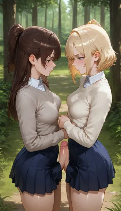 2 Futanari, they both are 20 years old, adults, (They both have white skin colour), 1 Futanari have brown hair, the other Futanari have blonde hair, They both have thin waist, they both have small bodies, small height, they both have small boobs, They both are wearing dark blue student sweaters with a white collar, (very detailed dark blue student sweaters with a white collar), They both are wearing dark blue skirts, (Their penises are visible under their dark blue skirts), ((Their penises are out of their dark blue skirts)), Clearing, (very detailed green grass), ((trees in the background)), They are standing near each other, they are looking at eachother, They press their small breasts against each other, (rivalry), Serious faces, side view, (view from side), view from above, masterpiece, very detailed image, 4k image