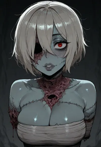 (ratatatat74), (zombie girl, thick lips, cute, stitches, rotting flesh, missing eye, amputee), solo, <lora:ratatatat74-000050:2>