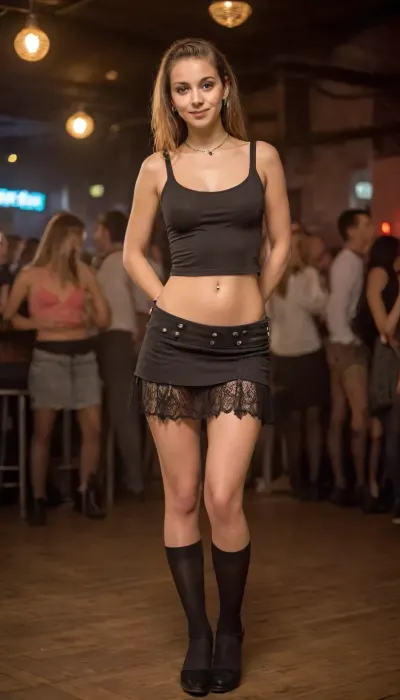 full body view of very cute slender austrian girl, nightclub, dancefloor, mini skirt, stockings, navel piercing, piercings, big breasts, natural beauty, cute, funny, happy, Goa, <lora:Goa_Fairy_Style_SDXL:1.2>