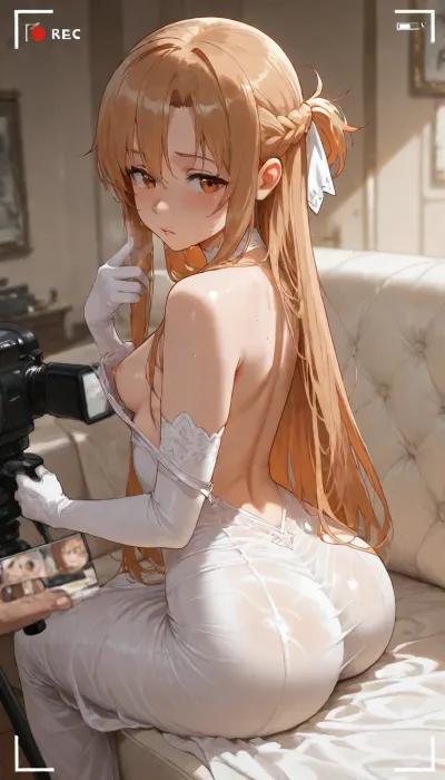 (couple), (1boy photographer, 1 girl Asuna:1.2), Sword Art Online, (young:1.5), intensively undressing herself, taking off her silk dress, white silk hand gloves, (showing her only one nipple:.8), looking at camera, (small breast:1.2), shy, shame, sweating.She sitting on a white sofa in front of video camera, video camera is pointed at her.Boy recording her, boy shooting up her on his camera, posing to photographer, boy photographer in frame.Porno studio, porno session, porno casting, white sofa, camera, backstage shooting.Perfect face, perfect body, perfect eyes, perfect pupils, perfect fingers, perfect skin, perfect tight ass.Ultra high detailed face, ultra high detailed body, ultra high detailed eyes, ultra high detailed pupils, ultra high detailed fingers, ultra high detailed skin, ultra high detailed ass.Ultra high detailed photo, anime style, perfect art, professional photo-session.Perfect colors, perfect brightness, perfect contrast, perfect quality, natural colors.