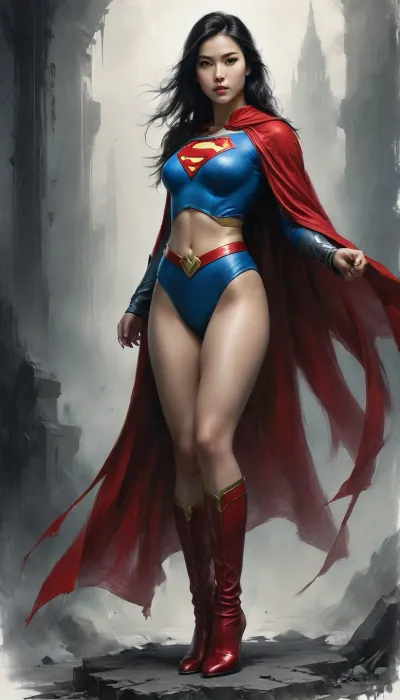 Asian Super Girl, blue-costume-Red-cape, full body view, 19-year-old, petite, big breasts, nude, shaved vagina-facing viewer, (clear background.), Black, and, white, art, black, pencil, shading, charcoal, drawing, toned, paper, brutal, dark, b/w, color, scheme, <lora:Black and white art.V1:.8>