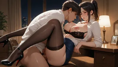 masterpiece, best quality, absurdres, newest, highres, very aesthetic, 1girl, 1boy, mature female, mature male, adult, nsfw, explicit, dark hair, ponytail, medium breasts, curvy, open shirt, white blouse, bra pull, breasts out, skirt lift, blue pencil skirt, thighhighs, black thighhighs, high heels, sitting on desk, spread legs, vaginal, penetration, sex, nipple suck, breast sucking, office, night, desk lamp, cinematic lighting, from side, detailed face, detailed eyes