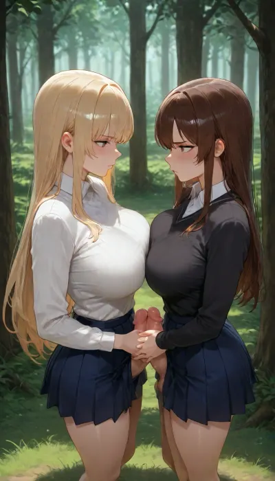 2 Futanari, they both are 20 years old, adults, (They both have white skin colour), 1 Futanari have brown hair, the other Futanari have blonde hair, They both have thin waist, they both have small bodies, small height, they both have small boobs, They both are wearing dark blue student sweaters with a white collar, (very detailed dark blue student sweaters with a white collar), They both are wearing dark blue skirts, (Their penises are visible under their dark blue skirts), ((Their penises are out of their dark blue skirts)), Clearing, (very detailed green grass), ((trees in the background)), They are standing near each other, they are looking at eachother, (rivalry), they are jerking off eachother penises with their hands, (handjob), (Masturbating eachother penises), Serious faces, side view, (view from side), view from above, masterpiece, very detailed image, 4k image
