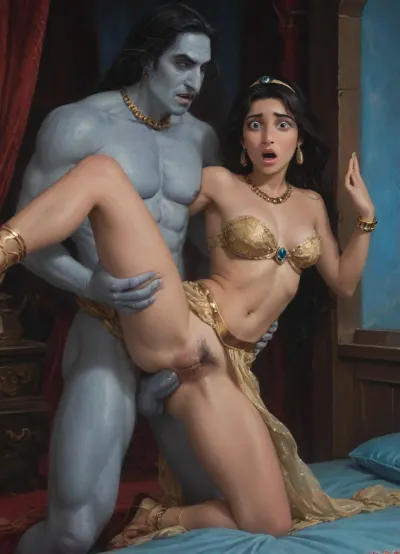 Jasmine from Aladdin, cute. Beautiful model. golden earrings. bedroom, pronebone, shocked, enjoying sex, with straight dark brown hair styled with a barrette and a perfect, refined, delicate, and beautiful face, she is shouting with joy and pleasure, (engaged in standing anal sex from behind with the Aladdin's blue genie out of the frame), very hairy pussy, leg raised, (blue Arabian outfit:1.8), gold bracelets, gold waist chain, (very tan skin), clinging to silk drapes in front of the window, (the Aladdin's blue skin genie is fucking her with great enthusiasm:1.6), (ratatatat74), 90s anime style, (bold outlines), (anime style), cartoon style, limited color palette, painterly style, illustration, created in Adobe Illustrator, no gradients, "Incase" style, concept art, retro, futuristic, flat colors, masterpiece, 90s Anime, (Outline), (cartoon), tooned, cartoon, low color palette, painted, made in adobe illustrator, incase style, ultra detailed, <lora:ratatatat74-000050:.9>, <lora:NEOTOKIOXL_0.2_RC:.4>, Classy, Elegant, Glam, Chill, Adjusting, hair, Provocative, <lora:Cine Princesses:.8>