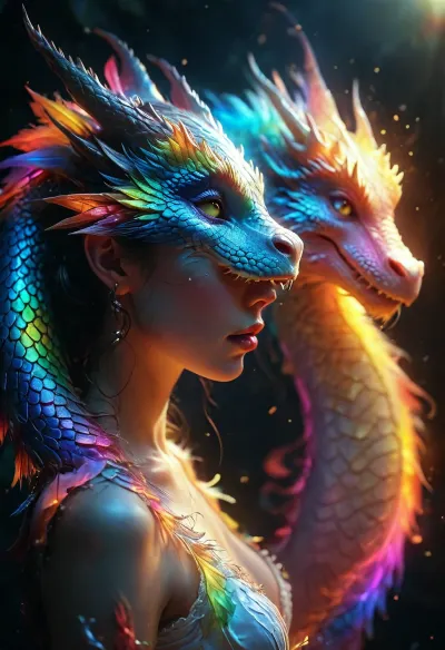 [KTA], (Dark Fantasy Artwork), luminous shadow, a circular glowing rainbow dragon featuring the image of a belle female faceless goddess, /KlTTY-ART/, <lora:COMFYUI_mimic_landscape_-_XL_SDXL v2.0:.5>, <lora:MJ52:.5>