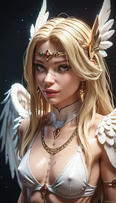woman, ((ultra detailed, masterpiece, best quality)), Dame Aylin, athletic female angel blessed with a glowing gigantiv penis, very tall skinny body, solo, blonde hair, cracked skin, angelwings, portrait, <lora:isobel-000010:.8>