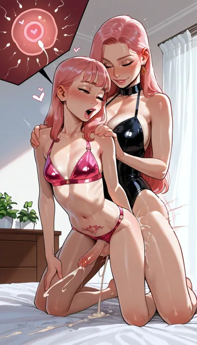 ((two girls, step-mom and step-daughter, step-mom futa with dick, step-daughter is kneeling, doggy anal sex, cumshot in the anal, so much love and horny), fertilization), perfect lighting, ultra realistic, 8k resolution, ultra detailed, instagram model, professional photography, ((sexy satin dreses)), ((sexy tattoo)), pink Hair, medium chest, nordic, playful, freckled face, slim body, lifelike face, real face, incase, style, <lora:FF-Latex.ID-XL-011.bf16:.8>, <lora:Incase_Style__SDXL:.8>