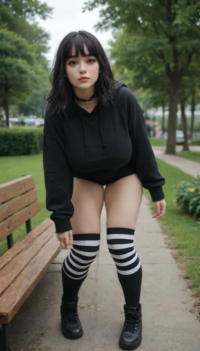 bending over, hyper large breasts, retard view, think muscular thighs, giant perky tits, white skin woman, goth woman, goth collar, natural black hair, long messy hair, bangs, hair bangs, hair fringe, freckles, beautiful korean idol, korean female, sexy, oversized hoodie, (black striped thigh high socks:1.2), bending over near park bench, park, dynamic pose, blushing, enjoying