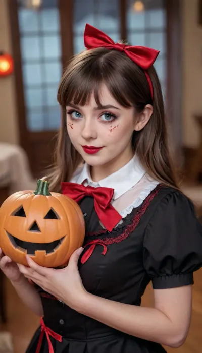 HDR, UHD, 8K, best quality, masterpiece, absurdres, extremely detailed, BREAK
halloweencoser, wan4, 1girl, hat, solo, blue eyes, bangs, black hair, looking at viewer, black headwear, red lips, realistic, bow, halloween, facial mark, blurry, closed mouth, smile, heart, makeup, red bow, short hair, blunt bangs, facepaint, lips, bowtie, neck ribbon, shirt, red bowtie, red ribbon, black shirt, ribbon, jack-o'-lantern, nose, brown hair, facial tattoo, indoors, lipstick, upper body, dress, blurry background, collared shirt, depth of field, eyeliner, grey eyes
BREAK
Pumpkin, pumpkin lantern, BREAK, <lora:halloweencoser-000008:1>, breasts, cutout, clothing, nipples, <lora:2BoutOvalSDXL2-000002:.8>