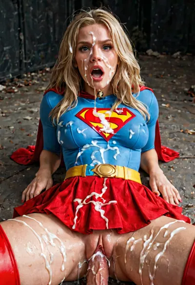 Supergirl, POV, Movie Supergirl outfit, (cum_covered:2), close‑up full‑body illustration of Supergirl, (Kara Zor‑El), lying on the ground, exhausted and panting with ragged breaths, shocked expression, eyes wide open, hand strongly gripping her breast in disbelief, long blonde hair splayed around her head, curly, (long_hair:2.3), faint radiant glow on her skin, thick cum coating her creamy pussy, facial, creating glossy reflections and dripping down her limbs, wearing a modern two‑piece superhero uniform, fitted navy‑blue shirt with subtle hexagonal texture, cum stains, big tits visible, (medium silicone boobs:1.3), white garner collar, gold “S” emblem centered on the chest, high‑waisted red skirt to mid‑thigh with a slight flare, red knee‑high boots and wrist‑length gloves with gold trim, silver‑gray helmet crown tilted back, thin gold utility belt around her waist, soft dust and debris scattered around her, dramatic low‑angle lighting emphasizing fatigue, shock, cinematic style, ultra‑high detail, 8K resolution, amateurblowjob, blowjob, woman, on, face, anger, screaming, angry, <lora:amateuranal:2>, <lora:JustCum:2>, <lora:polyhedron_angry-000006:.8>