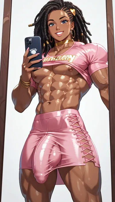 view from below, male Amateur photo, 22 years old black bodybuilder male in princess-peaches costume, androgynous african face, beautiful dark skinned face, looking at the camera, smiling, massive chest, abs, slender, smooth silky dreadlock hair, showing his flexed bicep-arm, golden choker, flawless skin, pink-muscleshirt and pink lifted skirt, giant pink-penisbulge, holding penisbulge pose in mirror selfie, sunny illumination, focus on his
amazing slender muscled legs, shiny legs, (very long laced-underware penisbulge, massive penisbulge:1.3), (Cartoony), comical huge muscles, <lora:Adonis_belt:1.5>, <lora:V2 CartoonyMen:1.5>