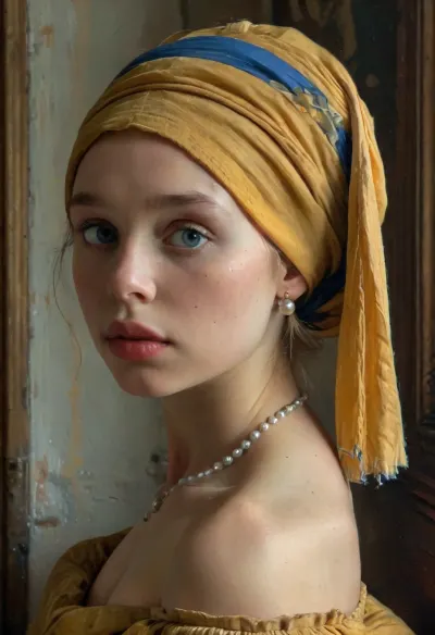 woman, ((Vermeer "Girl with a Pearl Earring")), 20 yo, very huge tits, side view, upper body view, style, of, Jan, Vermeer, 4ng3l, face, <lora:tbh122-sdxl:2>, <lora:SDXL_BetterFaces-LoRA_v1:2>