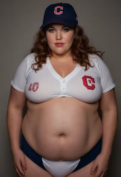 A bbw woman wearing a dark blue Cleveland guardians baseball cap. Wearing an unbuttoned white baseball jersey. Wearing Deep red panties. 30% body fat, thick, chubby, saggy, fupa, dark pubes, golden-brown wavy hair, love handle hips