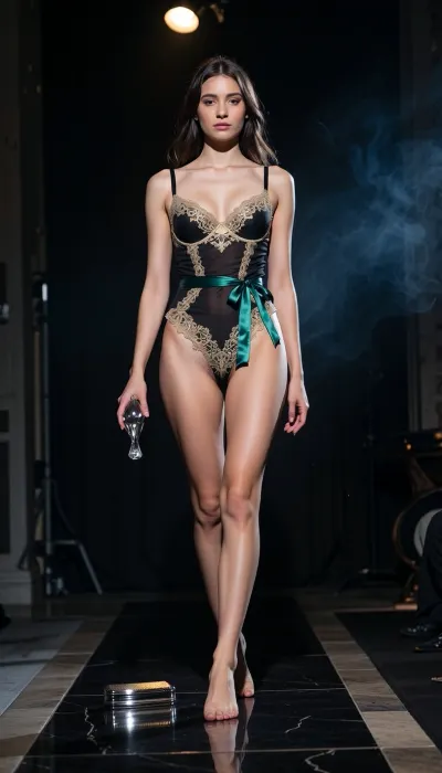 A young woman strides down a runway, her posture poised and confident, shoulders back, head slightly tilted as she gazes forward with a calm, determined expression that hints at both vulnerability and power. She wears an elegant set of high‑fashion lingerie crafted from sheer black silk and delicate gold‑threaded lace, the fabric clinging to her silhouette with a subtle sheen that catches the light, while a thin, emerald‑green satin ribbon is tied at her waist, adding a jewel‑tone accent. In her right hand she holds a single, slender crystal heel, the glass catching a bright, directed studio light that creates a crisp highlight on the polished surface, and a faint shadow of the heel falls on the dark floor beneath her feet. The immediate foreground includes a glossy, black marble platform with a faint reflection of the model’s form, and a small, metallic clutch with a brushed steel finish rests beside her, its surface reflecting the point light with a subtle gold glint.

Behind her, the runway stretches into a dimly lit space dominated by a deep, velvety black background that recedes into darkness, emphasizing the isolation of the scene and allowing the gold, wine‑red, and emerald accents of her attire to stand out dramatically. Overhead, a single, focused studio light beams from a slightly elevated angle, casting a soft, yet sharply defined rim of light along the edges of her body, while a cooler fill light from the side adds a faint outline that separates her from the background. A thin veil of fine, almost invisible smoke drifts lazily across the stage, catching the light particles and creating a subtle, ethereal haze that adds depth and texture to the air. The composition follows the rule of thirds, positioning the model slightly off‑center to the right, with leading lines of the runway tiles converging toward her, drawing the viewer’s eye directly to the intricate details of the lingerie.

The camera is set to an 85mm lens at f/1.4, producing a shallow depth of field that keeps the woman in crisp focus while rendering the background into a smooth bokeh of dark tones, enhancing the premium luxury tone of the image. The photograph is captured with a high‑resolution digital sensor, preserving the rich jewel‑tone palette of gold, wine red, and emerald, and the contrasty highlights on the silk, lace, and metal surfaces are rendered with a cinematic, dramatic mood. The overall feeling is one of high‑end fashion advertising, as if the scene were a billboard advertisement for an exclusive couture line, yet the minimalistic, dark setting and precise lighting give the impression of a hero product shot, where the model herself becomes the focal product, radiating confidence and elegance.
