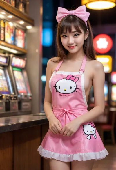 shy charming naked, ((tiny micro-apron print hellokitty)), 18 years, sweet smiling, japan girl big eyes, bangs hairband, very long eyelashes, very skinny, very long legs plateauheels, ((super waist)), wide hips turned to side, erotic posing, (reflecting skin:1.3), (puffy pussy flashing:1.3), very realistic detailed high resolution, bentover playing arcade-game, ((outside nightclubs neonlight at night)), sideview round ass
