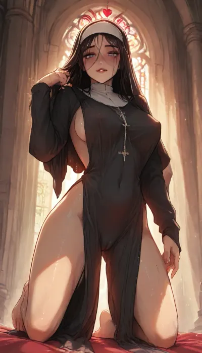 (markgavatino style), (cutesexyrobutts style:.5), masterpiece, 21 years old, (very much want have sex:1.2), (in very active action sexy pose:1.4), hyper cute face, (immoral nun:1.4), (very sexy grey nun outfit:1.4), erect nipples under clothes, teardrop perky breasts with very puffy hard nipples, (under mind control:1.2), (mind control sex slave:1.2), (hypnotized spiral hearts grey eyes:1.2), (very emotional loving flirty face:1.4), (very happy madness face:1.4), (madness:1.5), (poking nipples, biting lips, side boob), (barefoot:1.5), (camel toe:1.3), (very wet dripping detailed virgin pusy:1.2), (barefoot:1.4), church, sunlight coming from behind, oculus, (skylight), backlit, high contrast, (dramatic lighting), portrait, close up, 2d, anime, hand-drawn, digital, sketch, style, SamDoesArts, manhwa, <lora:LCMTurboMix_Euler_A_fix:.6>, <lora:AshMilkshake_Illustrious_v1:2>, <lora:HandDrawnAnimeV1:1.5>, <lora:SDXLSamDoesArts:1.1>, <lora:dall-ebing_manhwa_style:1.3>