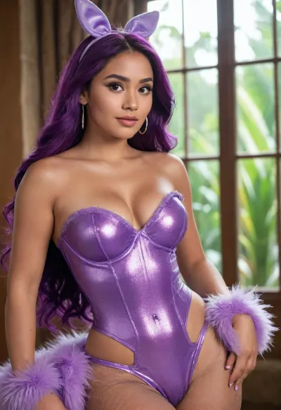 20yo latina Super model, with big sized breasts, wearing glittery strapless purplish latex playboy bunny outfit with fishnet stockings, long straight purple hair, fuzzy boa, Anna, Ariel, Aurora, Cinderella, Elsa, Rapunzel, Pocahontas, Mulan, Tiana, Tinker-Bell, Snowwhite, Megara, Classy, Elegant, Glam, Chill, Adjusting, hair, Provocative, Moana, Esmeralda, <lora:Cine Princesses:1.6>