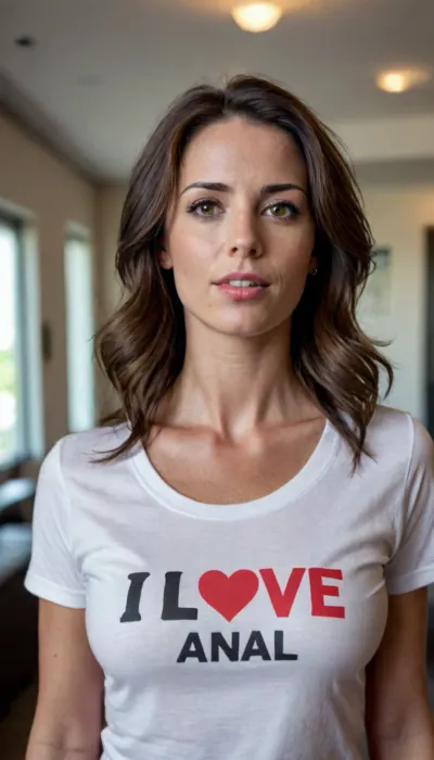 Sexy 30yo brunette Woman with a tshirt with text "i love anal" on it, <lora:BetterTextRedmond:1>