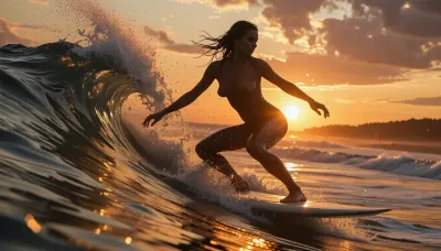 A highly detailed photorealistic image of a female surfer riding inside a golden wave at sunset, the ocean bathed in warm orange and amber hues, the sexy surfer blacked detailed sharp silhouetted against the glowing sun, silhouette of small tits and nipples, sharp details of the wave captured in mid-crash, water droplets suspended in the air, each ripple and swirl of the wave rendered in perfect clarity, the surfer balanced with athletic precision on the board, spray of ocean mist captured in mid-motion, the horizon stretching wide with a distant coastline, dramatic sky filled with textured clouds and golden light, the surfer's toned body highlighted by the sun, every muscle, every droplet of water, and each strand of hair captured in hyper-realistic detail, a dynamic, cinematic composition filled with motion, light, and energy, every reflection, shadow, and wave perfectly balanced in a breathtaking, immersive scene.