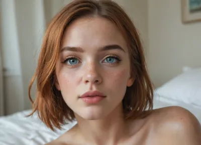 Annika Boras from Person of Interest, 18 years old, ginger hair, bob cut, small nose, full lips, freckles, blue eyes, cute, small body, completely naked, bedroom