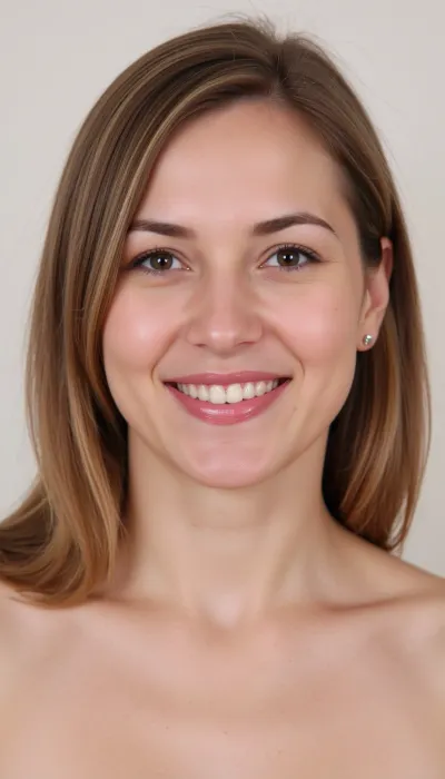 ​A realistic, high-resolution close-up portrait of a charming middle-aged Latin woman with a warm, genuine smile showing her teeth. She has dark brown eyes, well-defined eyebrows, and straight shoulder-length hair in a light brown tone with subtle ash/grey highlights and blonde lowlights. She is wearing bright pink lipstick and subtle, natural makeup. Small silver stud earrings are visible. She is Full naked High-quality photography, soft flattering lighting, shallow depth of field, plain off-white background, photorealistic, 8k resolution, highly detailed skin texture.