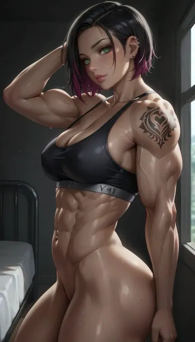 (half body sideview), naked, Naked, 20-year-old naked woman, muscular tall bodyshape, short dyed black hair, piercings and tattoos, toned physique, tight sports bra and underwear on the floor next to her bunk bed, 5'11", green eyes. She is leaning over the edge of her top bunk bed with a wicked gleam in her eye as she watches viewer's reaction. Her perfect full cleavage is visible. She has one hand resting on the metal frame of the bed and the other is gesturing towards viewer in a teasing manner. The image should be high detailed skin, sharp focus on eyes, flawless complexion, 50mm lens for close-up shots of her face and body parts like breasts or ass. Low key lighting with direct light from above to create dramatic shadows that highlight her muscular tall build and tattoos. Shallow depth of field to blur out the background and keep the focus on Vivian “Viv” Laden's face and body. Intricate details such as freckles or veins should be visible under the skin for an ultra realistic texture. The image should be in 8k UHD, flat, chest, big, breasts, huge, gigantic, small, hips, thighs, wide, thick, plump, belly, muscular, female, arms, extra, abs, <lora:SDXL_BetterFaces-LoRA_v1:1>, <lora:SDXL_MassiveCowsLoRA_v1:.3>, <lora:Microwaist_XL_v01:1>, <lora:Venus_Body_Alpha:.5>, <lora:dark:.8>