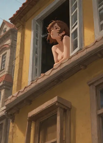 yellow building, red shingles roof, 3 storey building, view from a cozy street, low shot, open window, topless woman looking out of the window on the 3rd floor, leaning out of window, arms on windowsill, smoking a cigarette, small boobs, short brown hair, messy hair, hair in the wind, neutral face, looking up