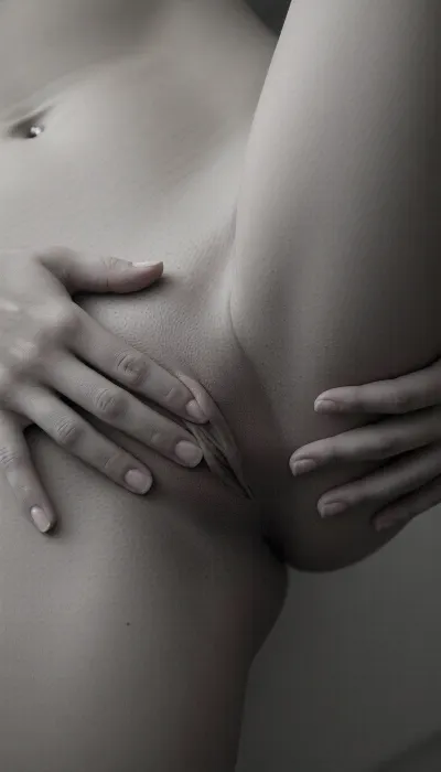 Black and white close-up photograph of a nude woman’s lower torso and upper thighs, viewed more from the side, (three-quarter profile / side angle), soft artistic lighting, high contrast monochrome. The woman’s body is turned slightly away from the camera so the curve of one hip and the side of the buttock are clearly visible. Her two hands are still gently cupping and covering her pubic mound / vulva, fingers slightly spread, thumbs resting near the center, nails neatly manicured and light-colored. A small shiny navel piercing is visible on the side of the abdomen. Smooth skin with natural soft shadows emphasizing the side contour of the hip, lower belly, and upper thigh. Framing starts just below the ribs and ends mid-thigh, no face, no breasts. Shallow depth of field, sharp focus on the hands and the side profile of the body, soft background. Intimate erotic black-and-white photography style, realistic skin texture, fine detail, professional studio lighting.