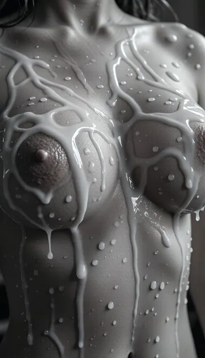 Ultra-realistic black and white photograph, extreme close-up of a woman's large full breasts filling the entire frame, soft natural skin texture with fine pores and subtle imperfections visible, skin completely covered in countless small water droplets of varying sizes mixed with a large amount of thick, viscous, creamy white semen that is heavily splattered and dripping across both breasts, semen running in thick streaks down the soft curves and pooling in the deep cleavage, droplets and semen catching the light, nipples slightly erect and detailed with natural texture and areolas partially covered by the semen, high contrast monochrome, pure grayscale, no color, cinematic soft directional lighting from above creating bright highlights on the wet and semen-covered skin, sharp focus, shallow depth of field, photorealistic, highly detailed, 8k resolution, shot on medium format camera