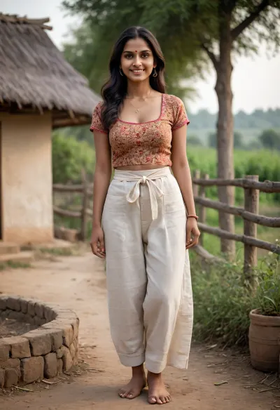 A setting imbued with an authentic indian rural atmosphere, an old wooden well, a dusty village road, sagging wooden fences, wildflowers, stacked firewood, old apple trees, a vegetable garden in the background, a warm summer day, a cinematic golden hour, realistic rural textures, the nostalgic aesthetic of a indian village mixed with a luxurious fashion photoshoot. A very beautiful and attractive rural indian Tamil housewife, clearly about 20 years old, possesses a mature feminine beauty with noticeable signs of age, slight wrinkles around the eyes and smile, confident, mature features, a light tan from many years of rural life, a sophisticated rather than youthful appearance, a slender figure with a narrow waist and lush breasts, wide hips, and a huge bottom. She bends over in a doggy pose, facing the village well. She stands on tiptoes, leaning low forward, resting her slightly bent arms on the well. She stands on tiptoe, bathed in natural daylight, and a rural landscape can be seen in the background. She is dressed in carefully tailored traditional village attire, a faded cotton blouse with a floral print in the style of late indian village clothing, a light linen apron tied tightly at the waist, emphasizing her silhouette, and slightly rolled-up sleeves—practical yet feminine village attire, worn fabric, a low neckline revealing large, beautiful breasts, and a light scarf casually tied over her dark hair. The woman's body convulses with happy and orgasm, and the simultaneous happy and orgasm are visible on the woman's face. Behind the young woman, a village boy—in a rough white shirt with rolled-up sleeves, suspenders, worn trousers pulled down to the knees, and dirty boots—is fucking her with his thick, sinewy cock, his trousers pulled down. This is rough sex from behind—anal sex, hardcore penetration from behind. Photorealistic image, 8K resolution, sharp texture detail, natural skin tones, warm summer lighting, background bokeh, fashion photography style. Side view, medium shot only. Realistic aging, 85mm lens, Kodak Portra cinematic color correction, high-quality commercial shooting in a rustic style