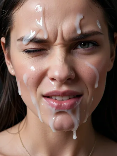 a close-up, head-and-shoulders portrait of a woman with white semi transparent cum on her cheeks, forehead, eye, lips, chin, and neck. head tilted back. one eye open, one eye tightly squeezed shut with cum on it. Her facial expression is angry with furrowed brows, cum across the closed eye. Her face is partially covered in a white, semi transparent cum that is dripping from her chin and lower lip. dark background.