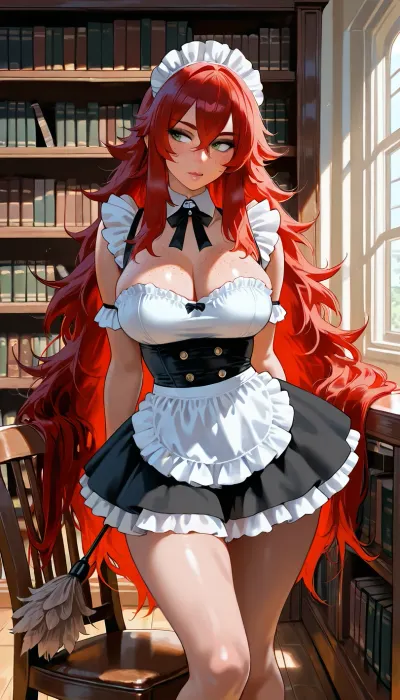 ((photo realistic, masterpiece, high resolution, maximum detail, score_9)), ((solo)), Original character, named Daisy, Latina, 18, petite, toned body, ((narrow face, beautiful face, detailed face)), ((freckles on face, freckles on breasts)), natural light makeup, green eyes, almond shaped eyes, ((excessively long red hair, hyper long red hair, hair goes past her knees)), natural large breasts, ((sexy French maid outfit with feather duster)), ((in an ornate office, standing on top of a wooden chair in front of bookshelves, facing the bookshelf, using the feather duster to clean a high shelf above her, looking towards the shelf))