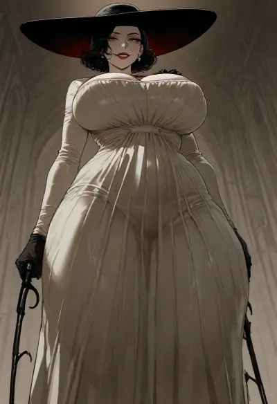 (ratatatat74), (Alcina Dimitrescu), solo, low bottom view, <lora:ratatatat74-000050:2>