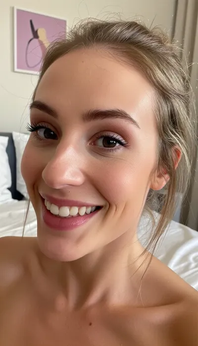 a close-up intimate selfie of a bashful milf awkwardly attempting to be seductive in her cozy bedroom with minimalist feminine decor, the photo focuses on her adorable mousey face with prominent overbite and awkward goofy lopsided smile as she blushes shyly, huge expressive eyes in a coy glance, she has a triangular face with a high forehead and soft blonde hair pulled back in a low messy updo, her amateur pose is adorably awkward and bashful, showcase of girl-next-door non-conventional beauty