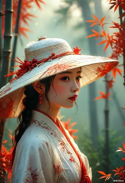 [KTA], painterly digital painting, artistic, geometric, fantasy art, luminous shadow landscape, Bamboo grove, high female figure, white skin, white clothing, chinese wuxia wide brim veiled hat, gleaming ghostly Ruby red, epically atmospheric fog, on old paper, paper background, natural beauty, /KlTTY-ART/, <lora:COMFYUI_mimic_landscape_-_XL_SDXL v2.0:.1>, <lora:MJ52:.1>
